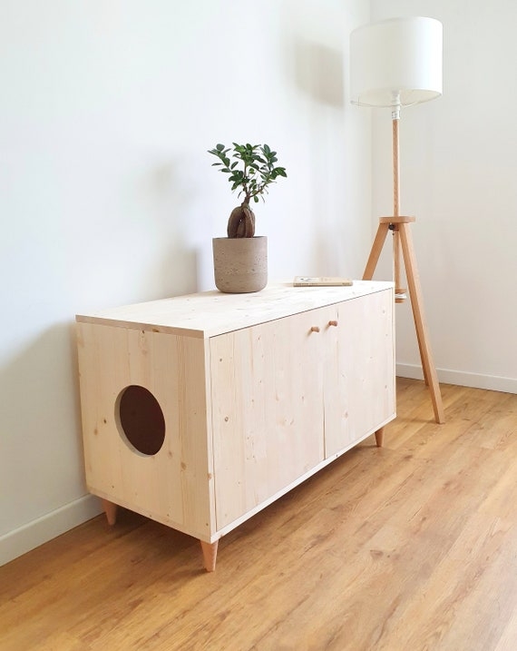 Litter Box Enclosure Natural Blonde Wood Tapered Legs Scandi Minimalist