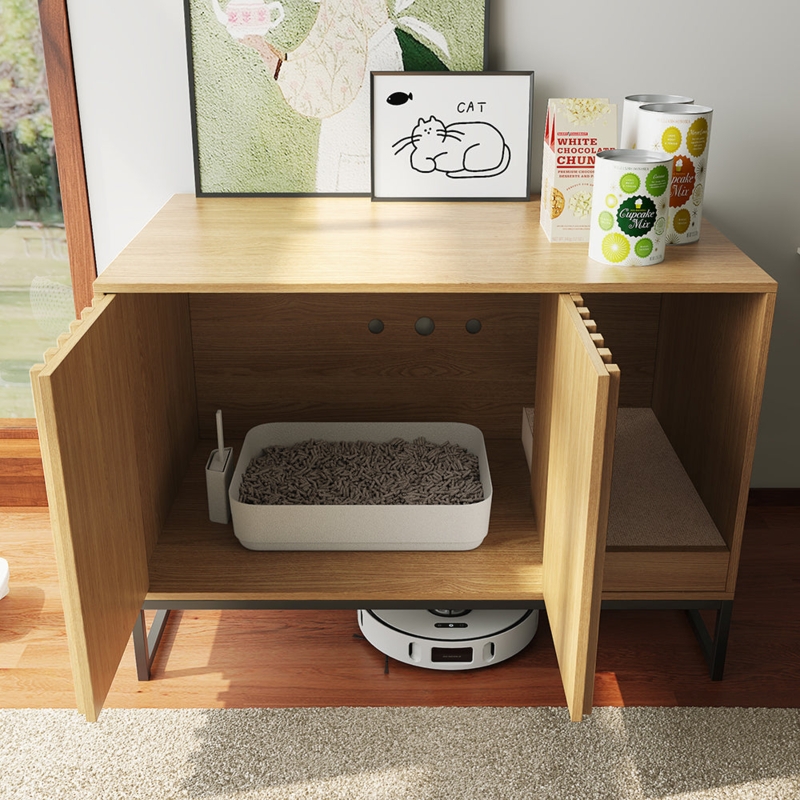 Litter Box Enclosure, Robot Vacuum Clearance, Slatted Wood, Modern