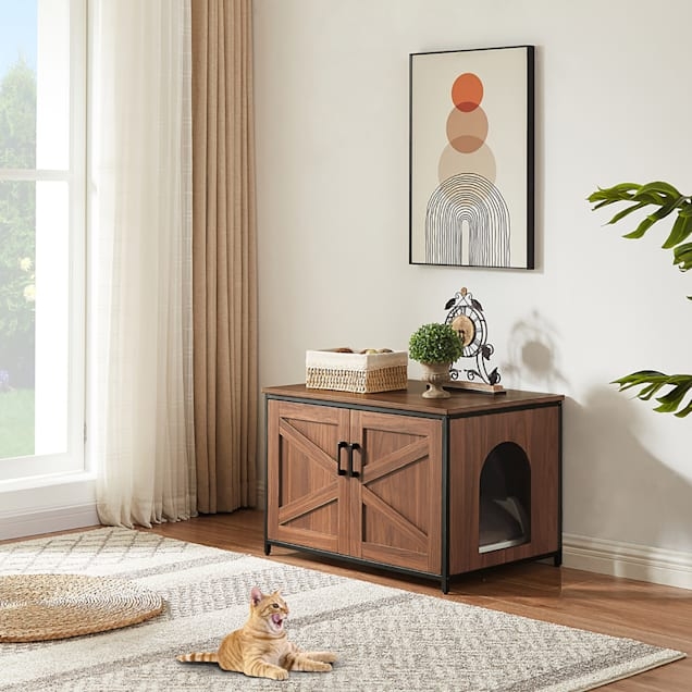 Litter Box Enclosure Walnut Barn Door Panels Black Metal Frame Farmhouse