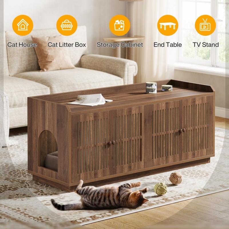 Litter Box Enclosure, Walnut Slatted Doors, Arched Side Entry