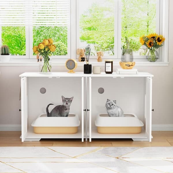Litter Box Enclosure, White Furniture Style, Dual Cat Capacity Console