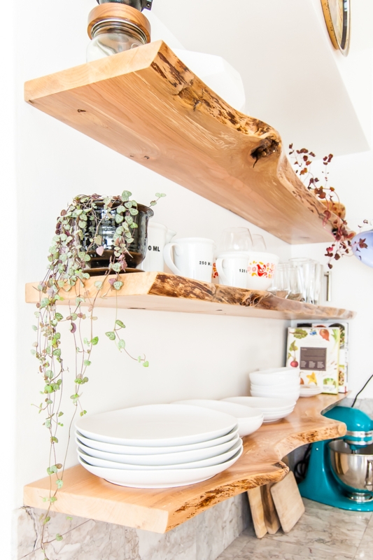 Live Edge Floating Shelves: Organic Silhouette, Warm Honey Wood