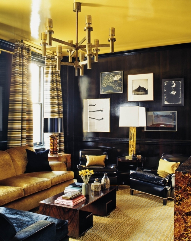 Living Room High Gloss Walls Mustard Velvet Sofa Brass Lighting Art Deco