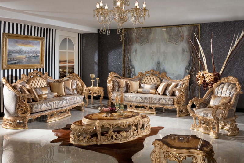 Living Room Set Baroque Luxury Gold Leaf Carving Damask Upholstery