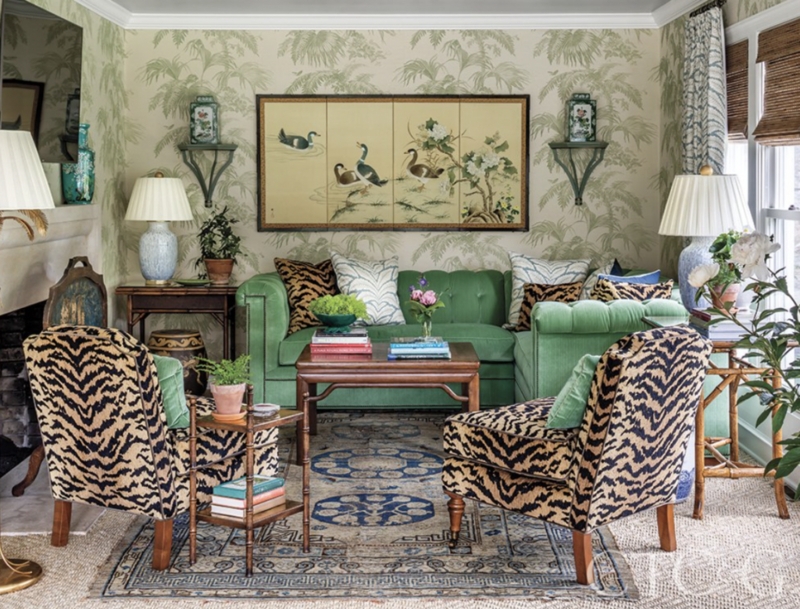 Living Room Set Chinoiserie Tiger Print Chairs Tropical Wallpaper