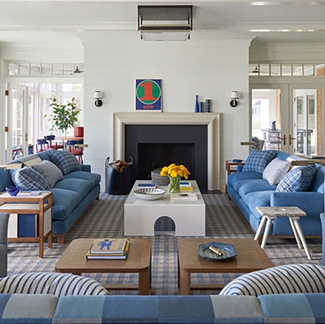 Living Room Set: Coastal Transitional Style with Symmetrical Blue Sofas & Plaid Rug