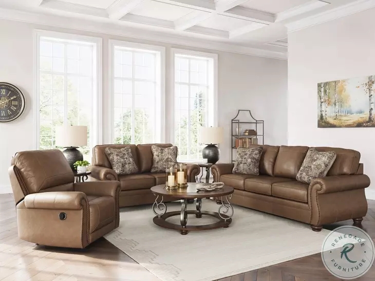 Living Room Set: Earth Brown Leather-Like with Scrolled Metal Base Table