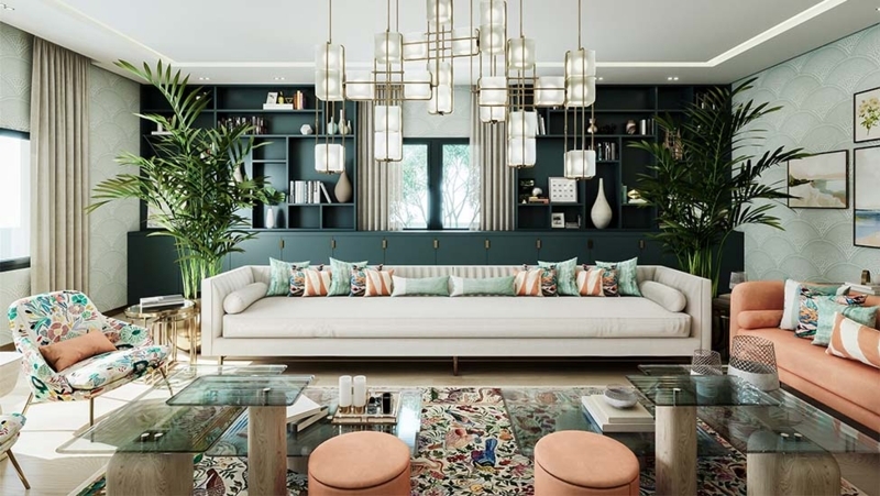 Living Room Set: Eclectic Modern with Tiered Geometric Lighting & Botanical Accents