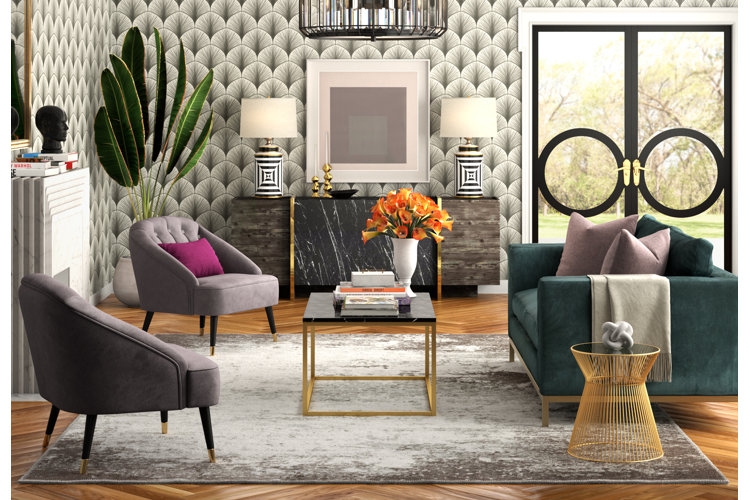 Living Room Set Fan Pattern Wallpaper Emerald Velvet Sofa Glam Accents