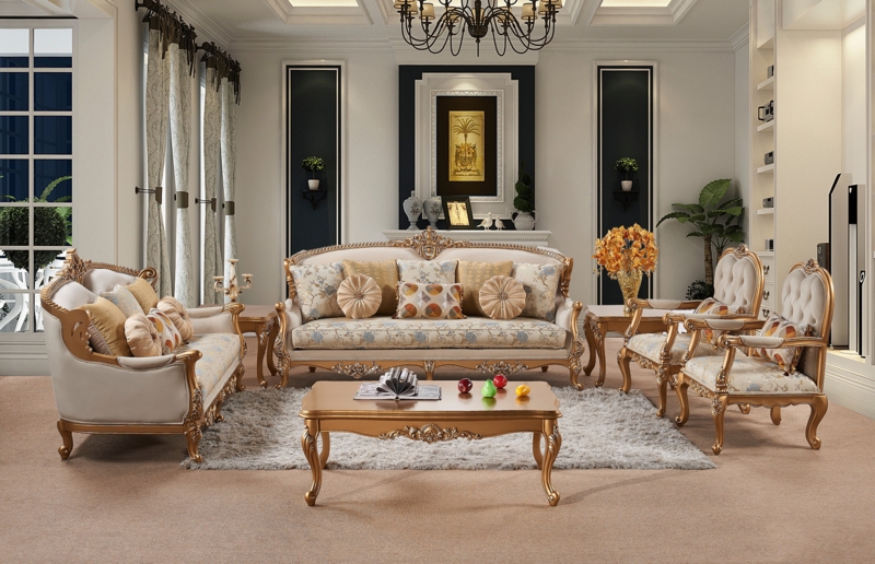 Living Room Set: French Provincial Style with Gold Leaf Finish & Floral Upholstery