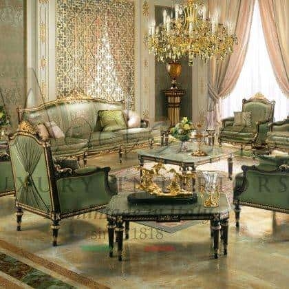 Living Room Set: Luxury Italian Baroque with Gilt Carvings & Sage Upholstery