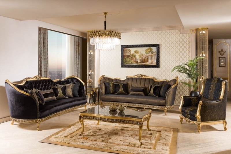 Living Room Set Luxury Ornate Gold Leaf Black Velvet Mixed Upholstery