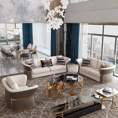 Living Room Set: Modern Glam with Curved Back Seating & Polished Gold Trim