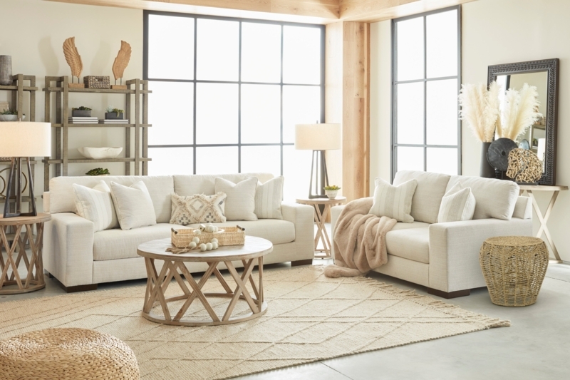 Living Room Set Organic Modern Cream Upholstery Geometric Base