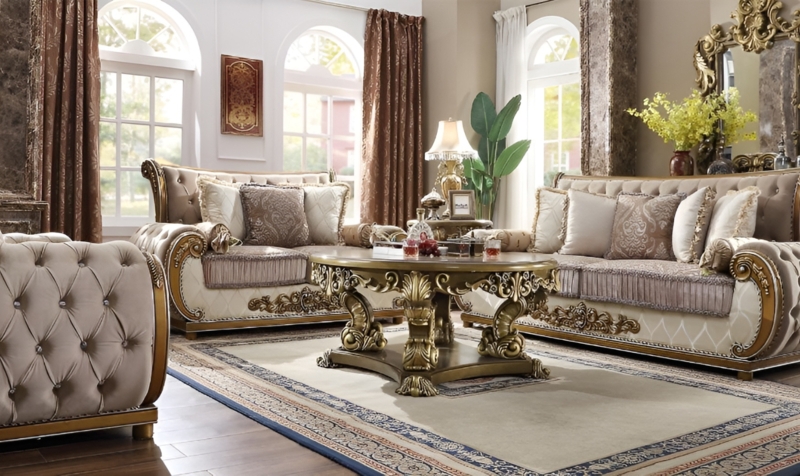 Living Room Set: Ornate Gold Scrolling & Carved Pedestal Table, Baroque Style