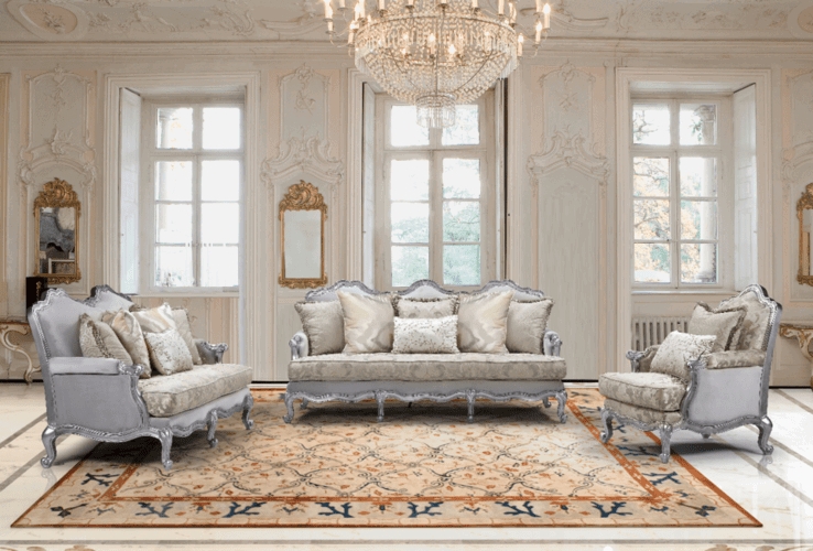 Living Room Set Rococo Style Silver Carved Frames Traditional Damask