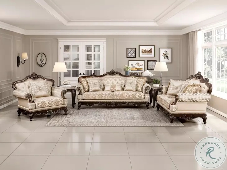 Living Room Set: Traditional Baroque with Carved Cherry Frame & Damask Upholstery