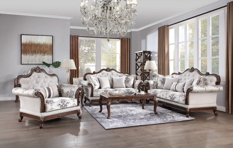 Living Room Set Victorian Classic Carved Wood Ivory Damask Pattern