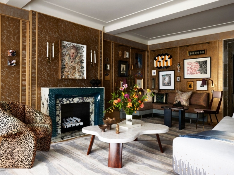 Living Room Teal Fireplace Surround Leopard Upholstery Gallery Wall Design