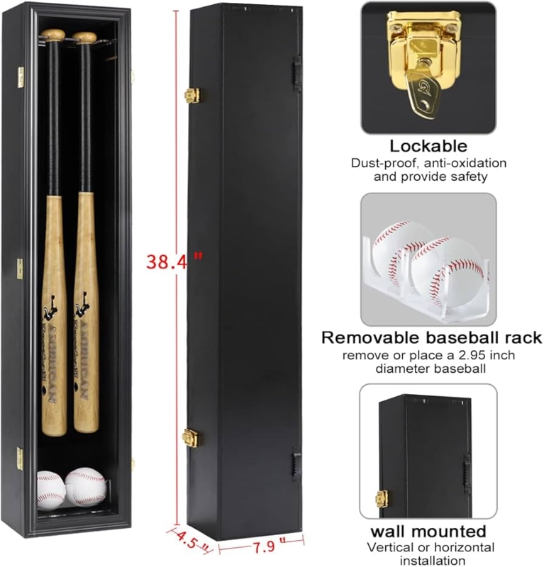 Lockable Sports Shadow Box with Removable Acrylic Bat Rack