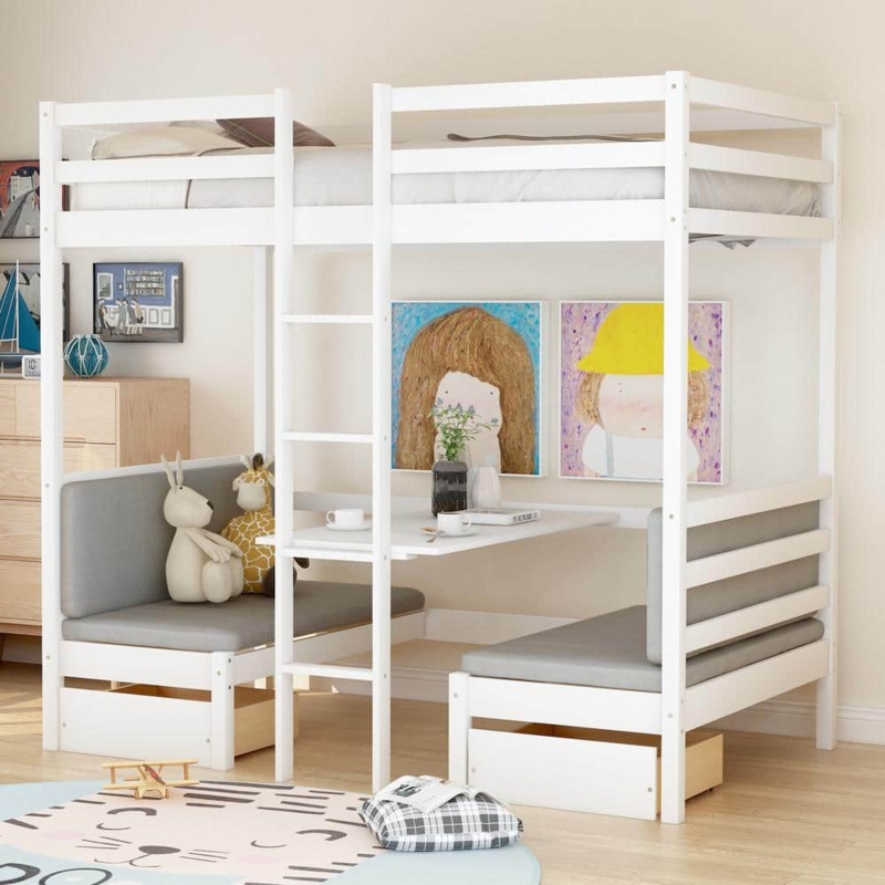 Loft Bed: Crisp White, Built-In Seating And Desk, Twin Size.