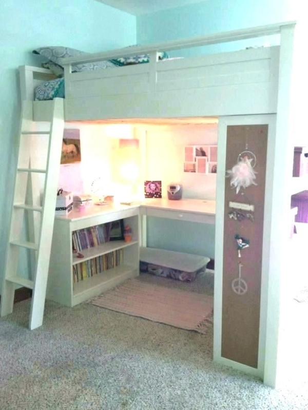 Loft Bed: Crisp White, Cork Panel Detail, Built-In Bookshelf.