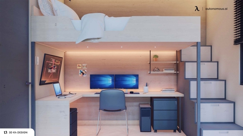 Loft Bed Desk with Integrated Storage Stairs and L-Shaped Workspace