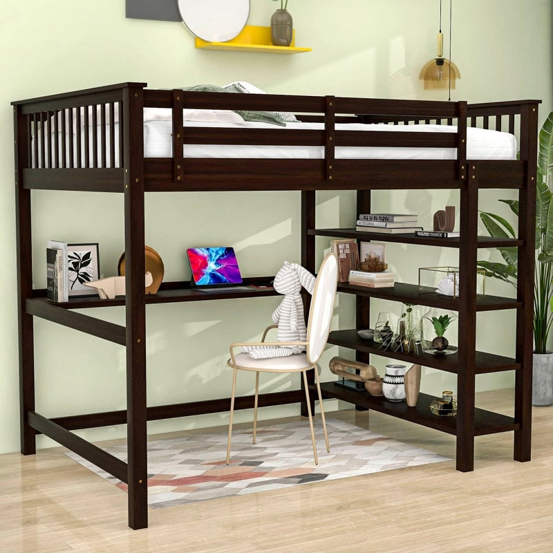 Loft Bed: Full Size, Espresso Brown, Four-Tier Shelving Unit.