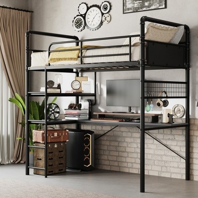Loft Bed: Matte Black Metal, Industrial Pipe Joints, L-Shaped Desk.