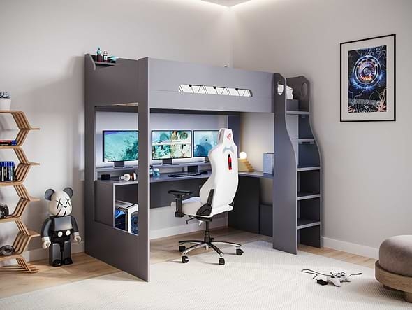 Loft Bed: Matte Grey, Integrated Desk, Shelving Ladder, Gamer Aesthetic.