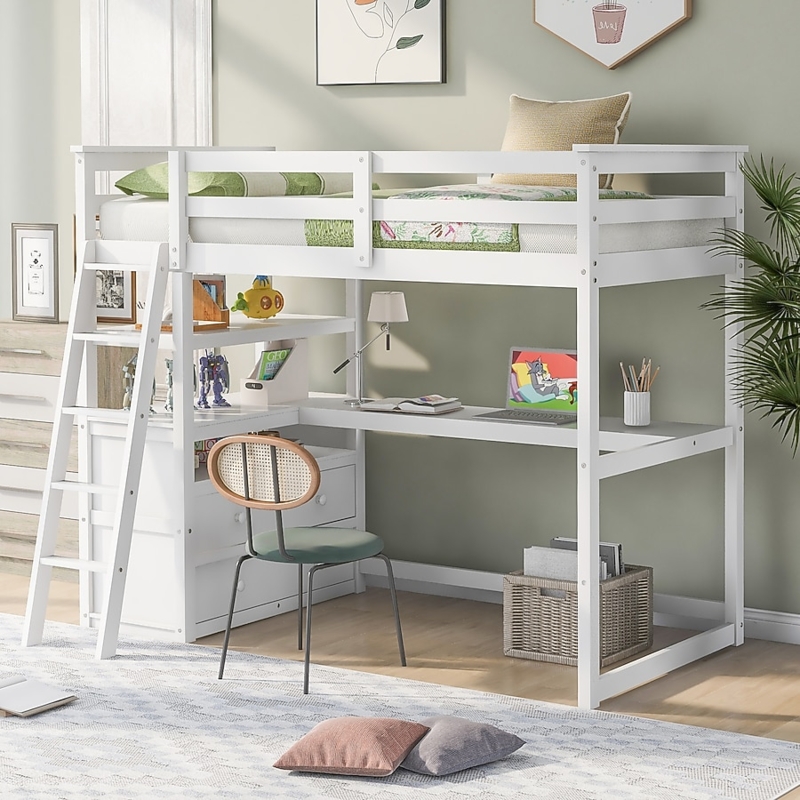 Loft Bed: Matte White, L-Shaped Desk, Built-In Three-Drawer Chest.
