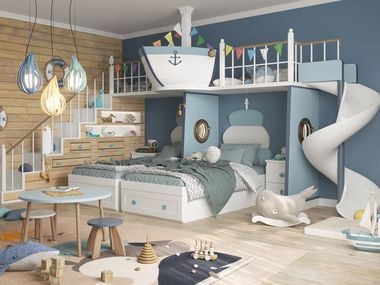 Loft Bed Nautical Ship Themed Spiral Slide Integrated Stair Drawers