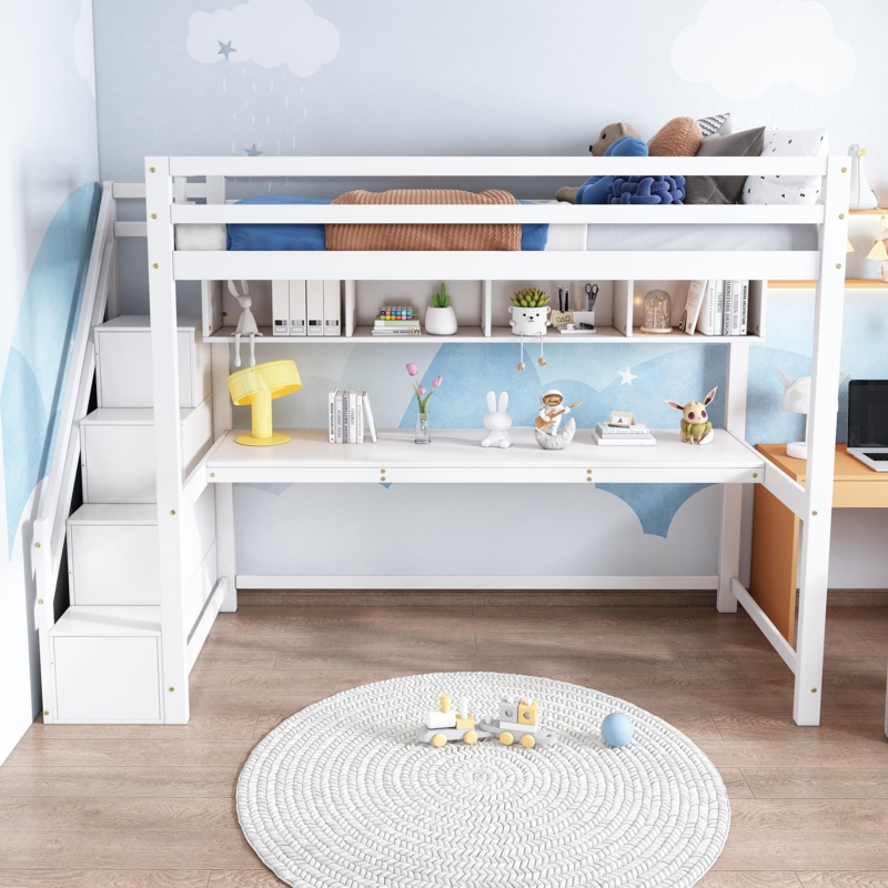 Loft Bed: Storage Staircase, Full-Width Desk, Modern Kids Sleeper.