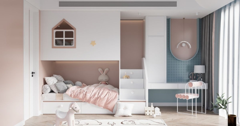 Loft Bed System with House Cutout and Integrated Desk Pegboard