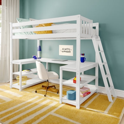 Loft Bed: White Finish, U-Shaped Workstation, Integrated Shelving.