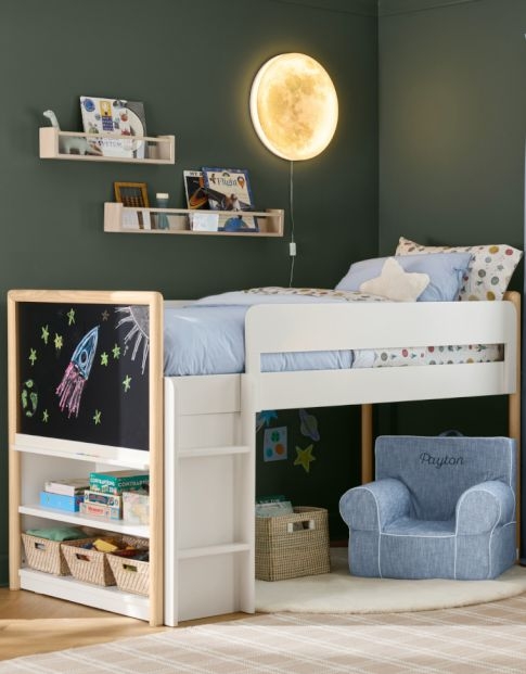 Loft Bed White with Integrated Shelving and Chalkboard Panel