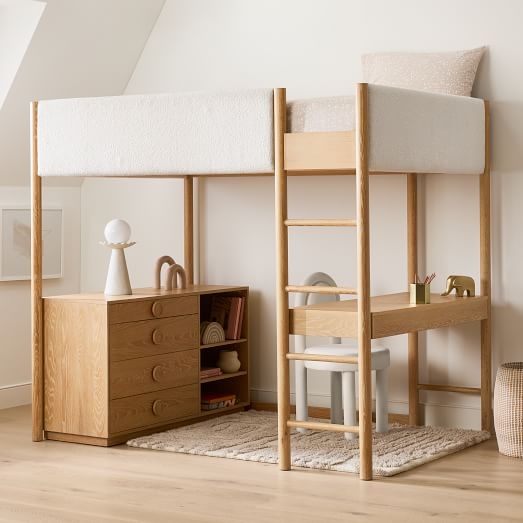 Loft Bed with Desk, Dresser, and Statement Oversized Circular Knobs