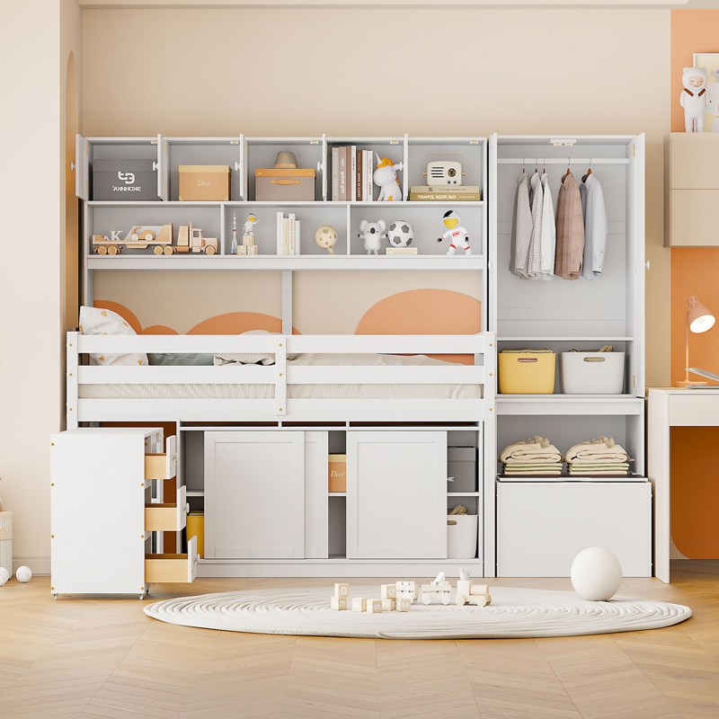 Loft Bed with Integrated Wardrobe, Sliding Doors, and Overhead Shelves
