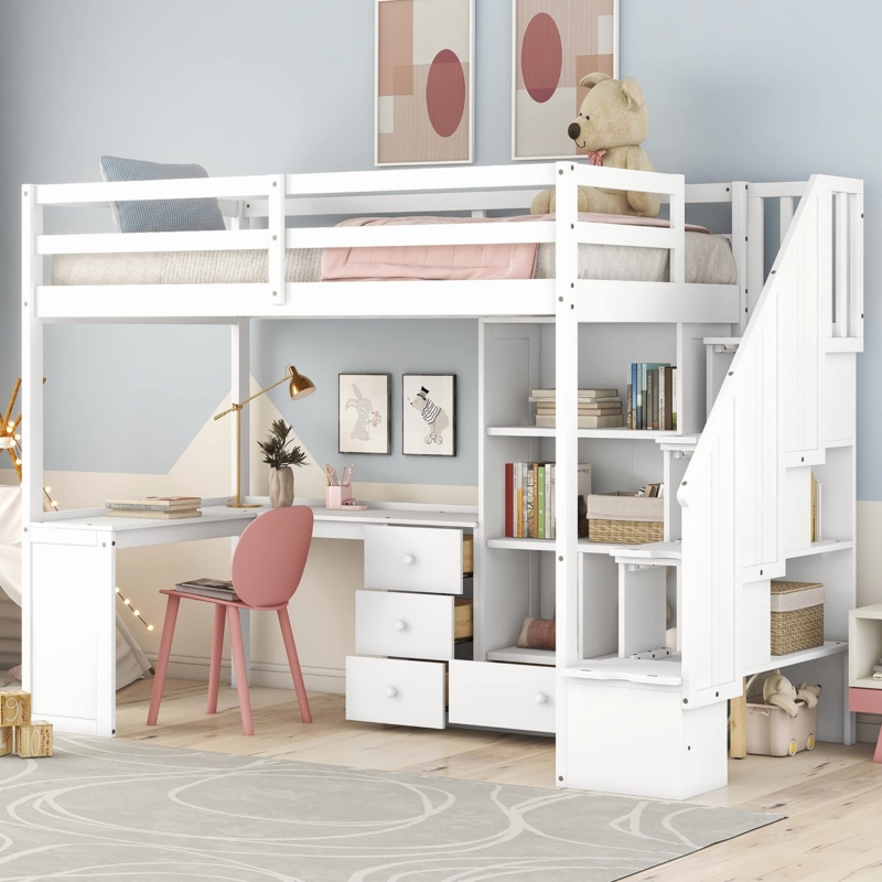 Loft Bed with L-Shaped Desk, Staircase Storage, and Drawers in White