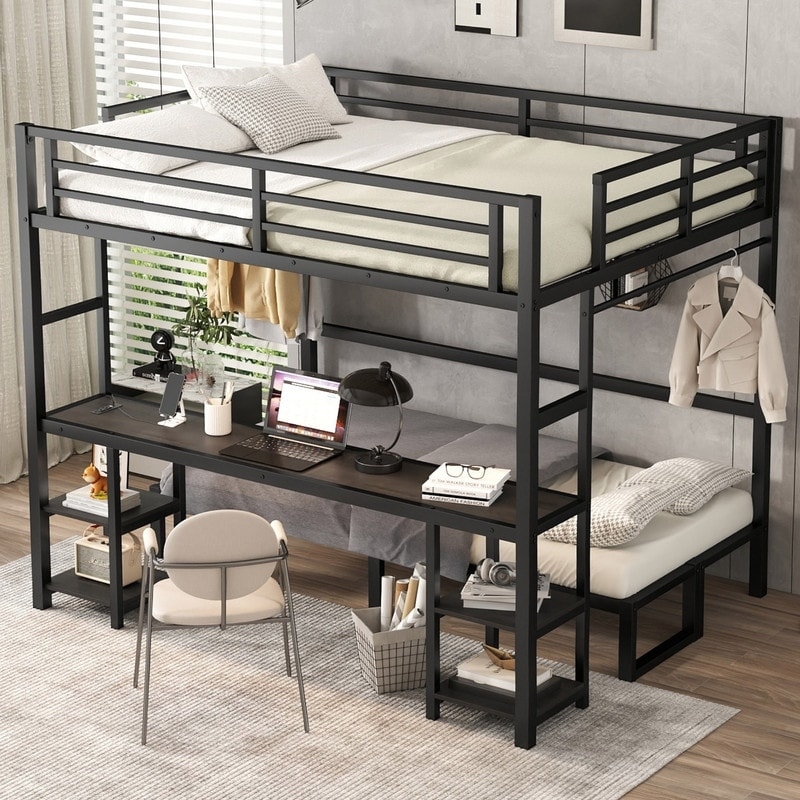 Loft Bunk Bed: Metal Frame, Queen Over Twin XL, L-Shaped Design.