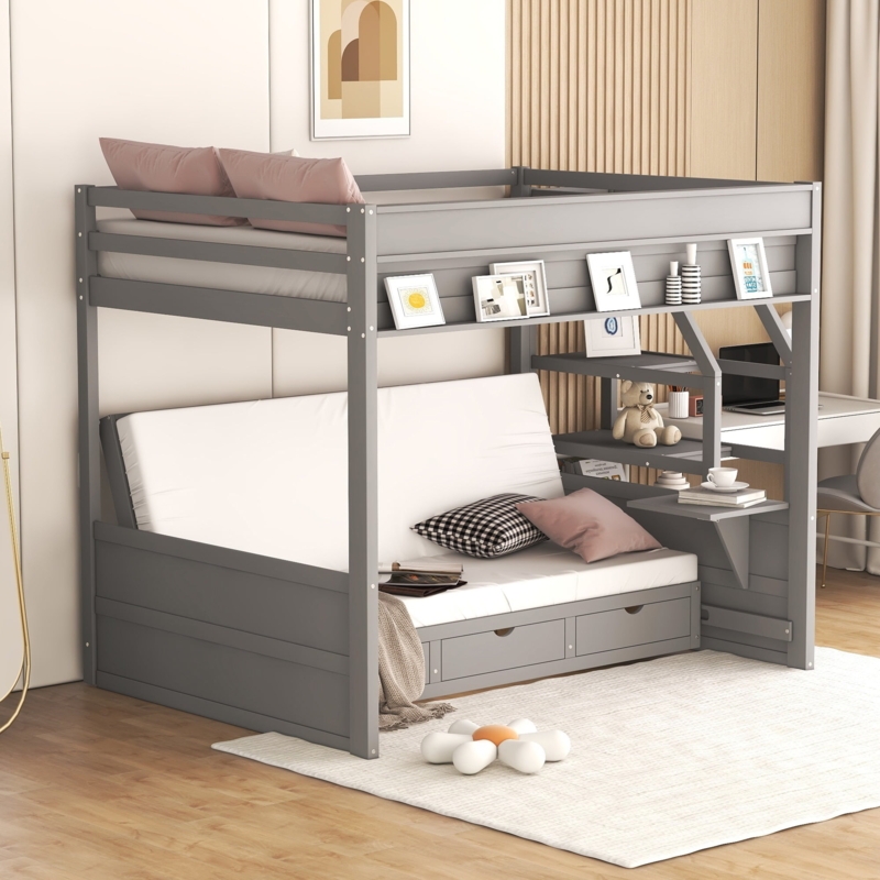 Loft Bunk Bed Slate Grey Convertible Futon Staircase