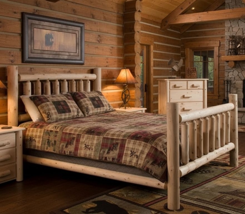 Log Bed, Natural Pine Spindles, Matte Finish, Rustic Lodge Master Suite