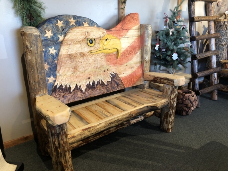 Log Bench American Flag Wood Bald Eagle Carving Rustic Cabin Seat