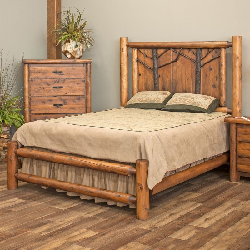 Log Panel Bed, Tree Branch Inlay, Honey Brown, Rustic Cabin Style Frame