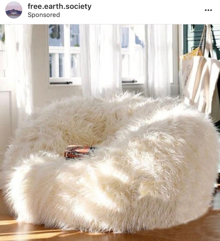 Long Pile Shaggy Bean Bag, Off-White Bohemian Cozy Floor Seat