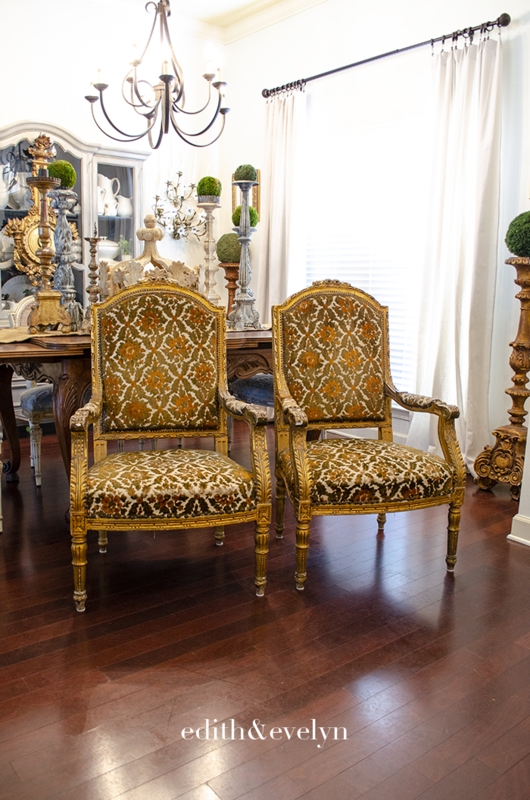 Louis XVI Accent Chairs with Gilded Frame and Olive Damask