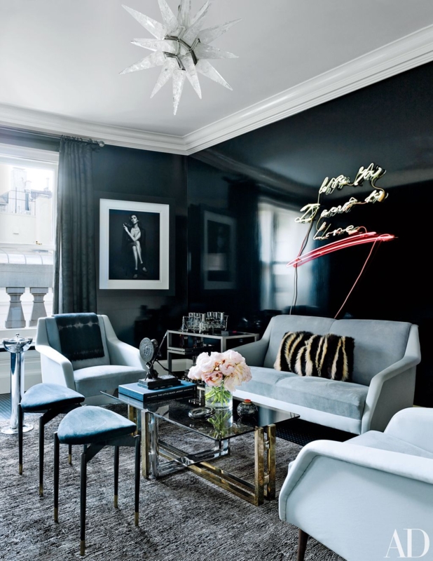 Lounge Area Glossy Black Walls Neon Script Lighting Starburst Pendant