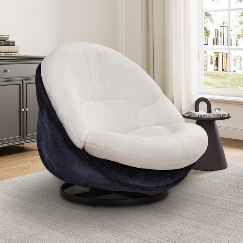 Lounge Chair featuring a navy blue shell and ivory faux fur swivel base.