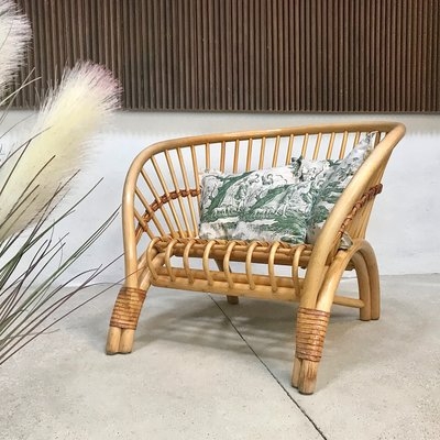 Lounge Chair Leather Lacings Spindle Backrest Oversized Bamboo Frame