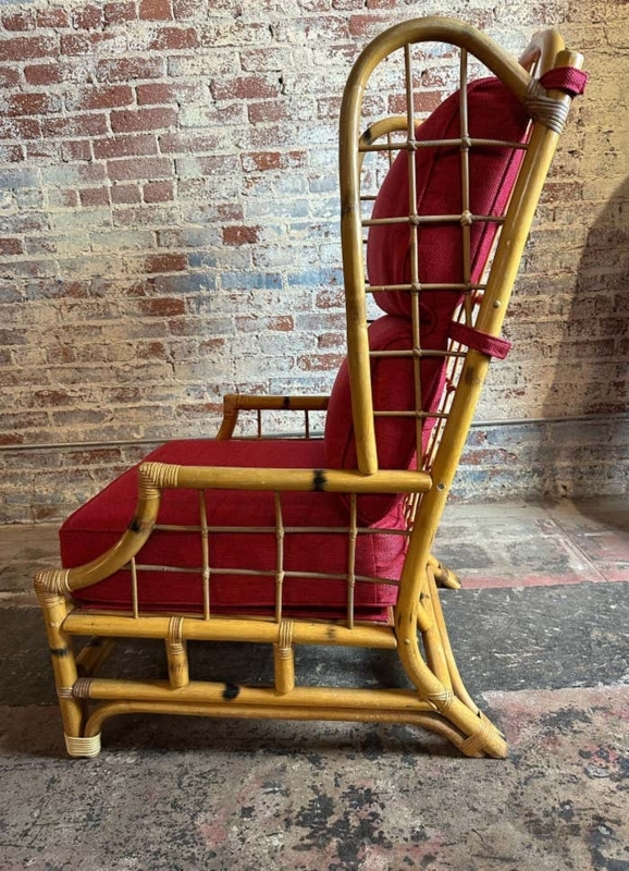 Lounge Chair Scorched Bamboo Lattice Wingback Crimson Red Tropical Chic